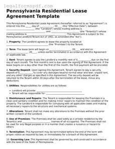 Fillable  Residential Lease Agreement Document for Pennsylvania