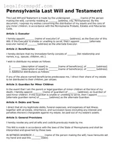 Fillable  Last Will and Testament Document for Pennsylvania