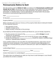 Fillable  Notice to Quit Document for Pennsylvania