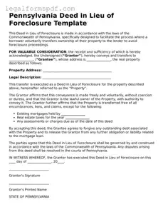 Fillable  Deed in Lieu of Foreclosure Document for Pennsylvania