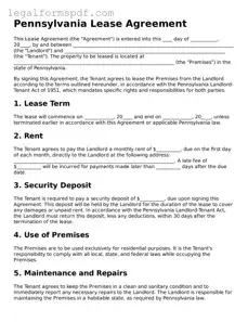 Fillable  Lease Agreement Document for Pennsylvania