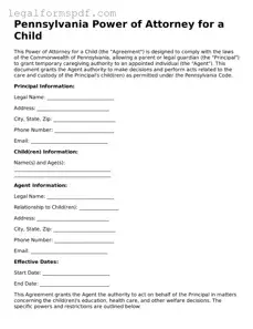 Fillable  Power of Attorney for a Child Document for Pennsylvania
