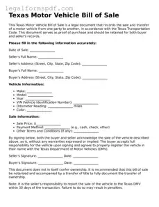 Fillable  Motor Vehicle Bill of Sale Document for Texas