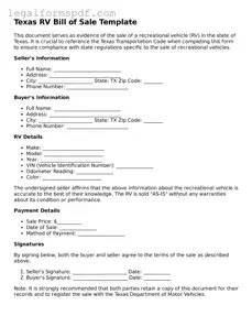 Fillable  RV Bill of Sale Document for Texas