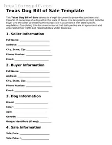 Fillable  Dog Bill of Sale Document for Texas