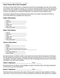 Fillable  Tractor Bill of Sale Document for Texas