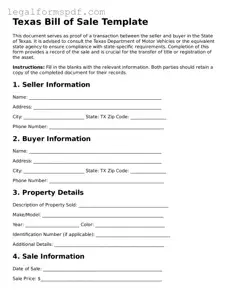 Fillable  Bill of Sale Document for Texas