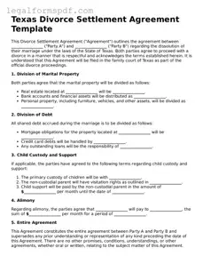 Fillable  Divorce Settlement Agreement Document for Texas