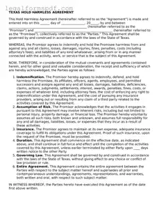 Fillable  Hold Harmless Agreement Document for Texas