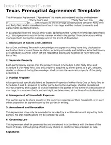 Fillable  Prenuptial Agreement Document for Texas