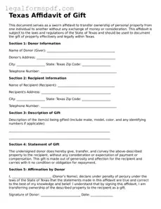 Fillable  Affidavit of Gift Document for Texas