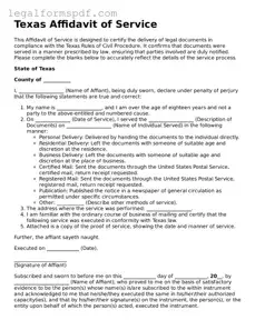 Fillable  Affidavit of Service Document for Texas