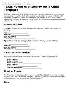 Fillable  Power of Attorney for a Child Document for Texas
