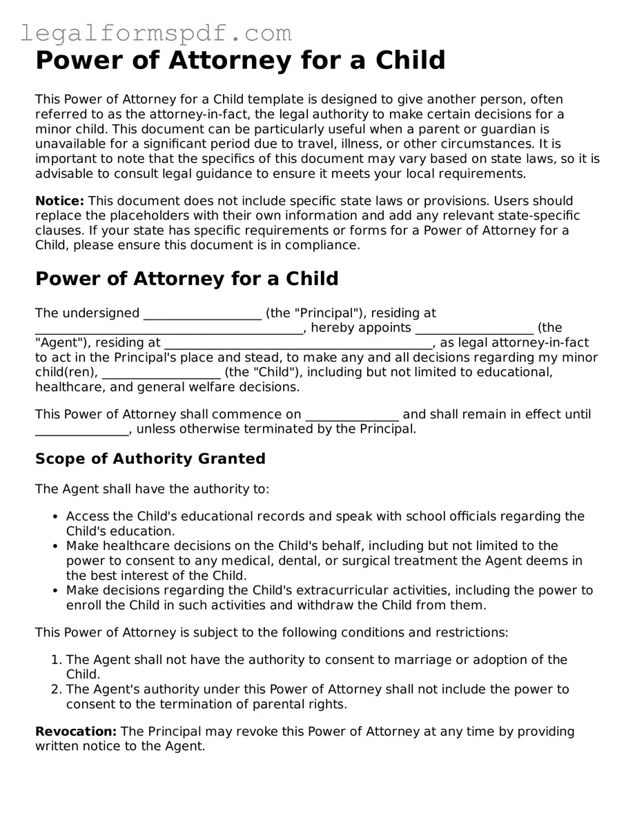 Official Power of Attorney for a Child Document