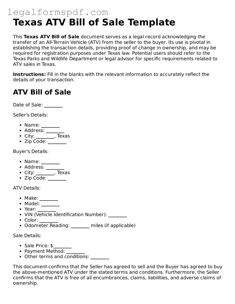 Fillable  ATV Bill of Sale Document for Texas