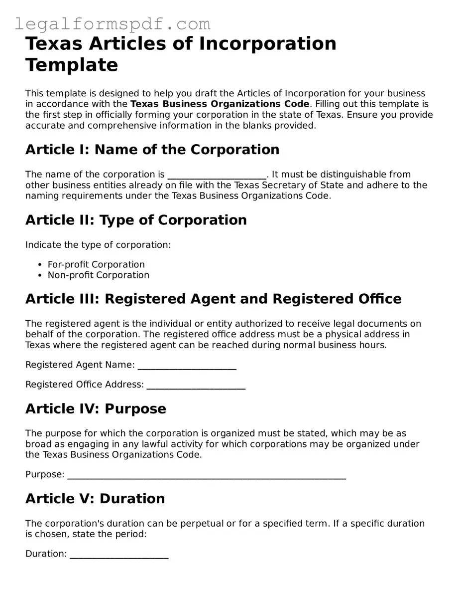 Fillable  Articles of Incorporation Document for Texas