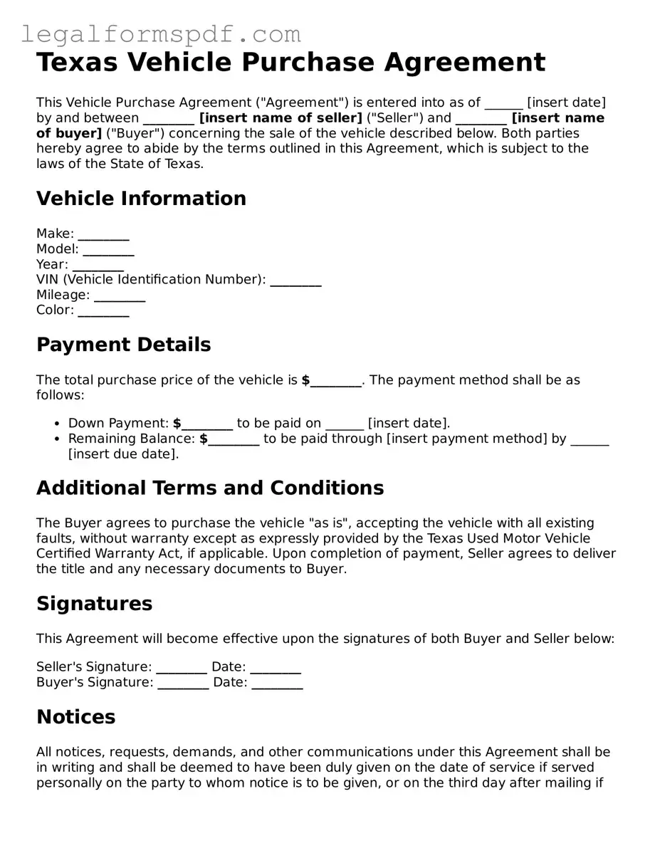Fillable  Vehicle Purchase Agreement Document for Texas