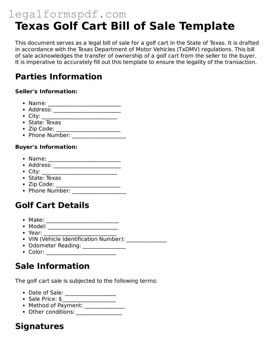 Fillable  Golf Cart Bill of Sale Document for Texas