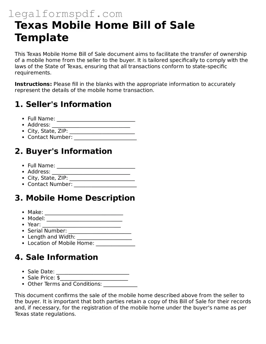 Fillable  Mobile Home Bill of Sale Document for Texas