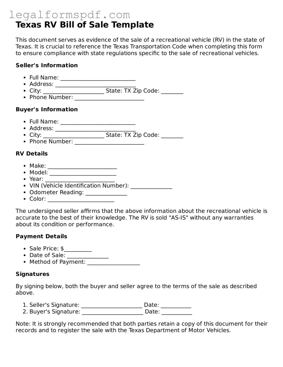 Fillable  RV Bill of Sale Document for Texas