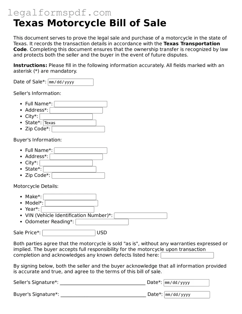 Fillable  Motorcycle Bill of Sale Document for Texas