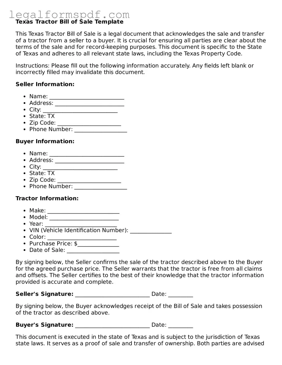 Fillable  Tractor Bill of Sale Document for Texas