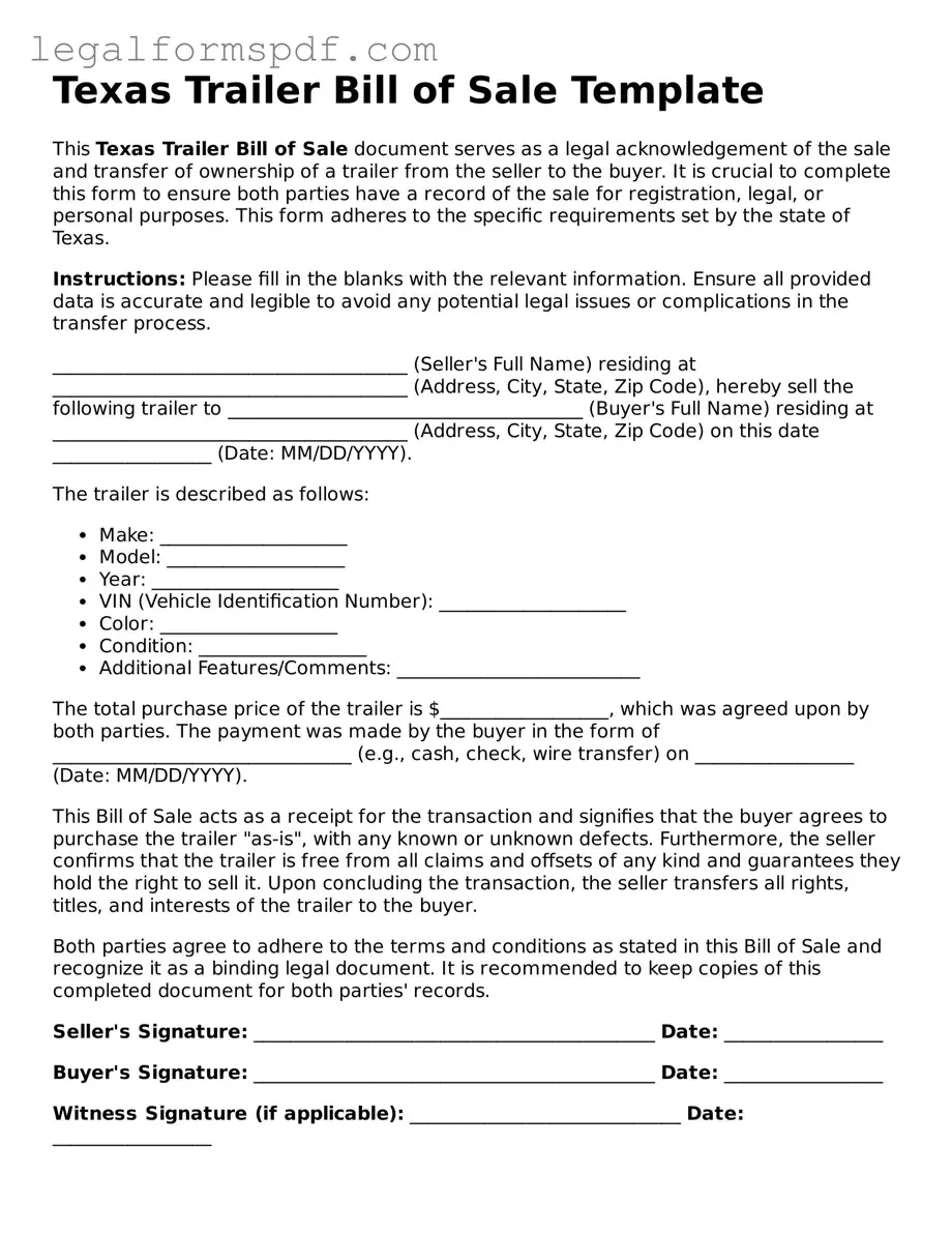 Fillable  Trailer Bill of Sale Document for Texas