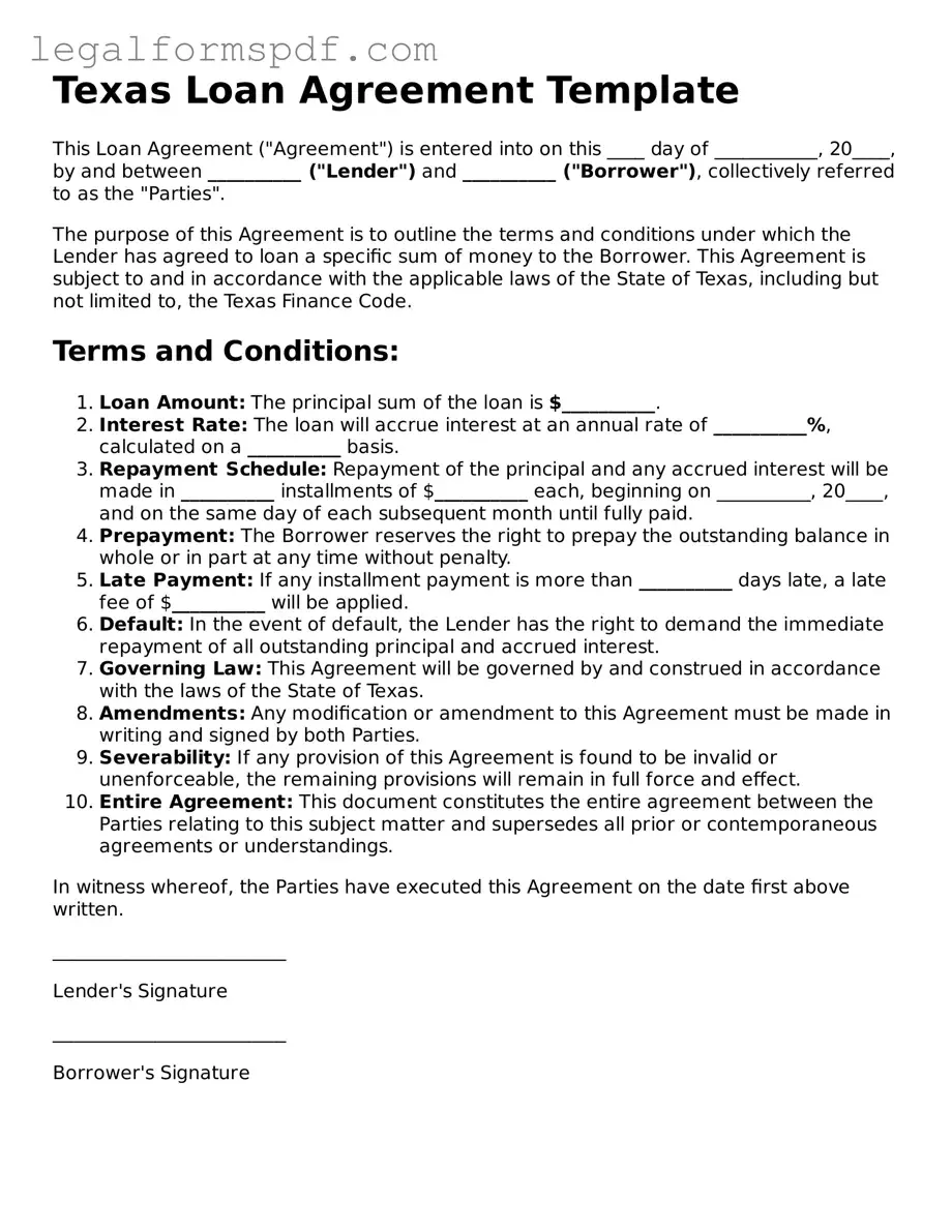 Fillable  Loan Agreement Document for Texas