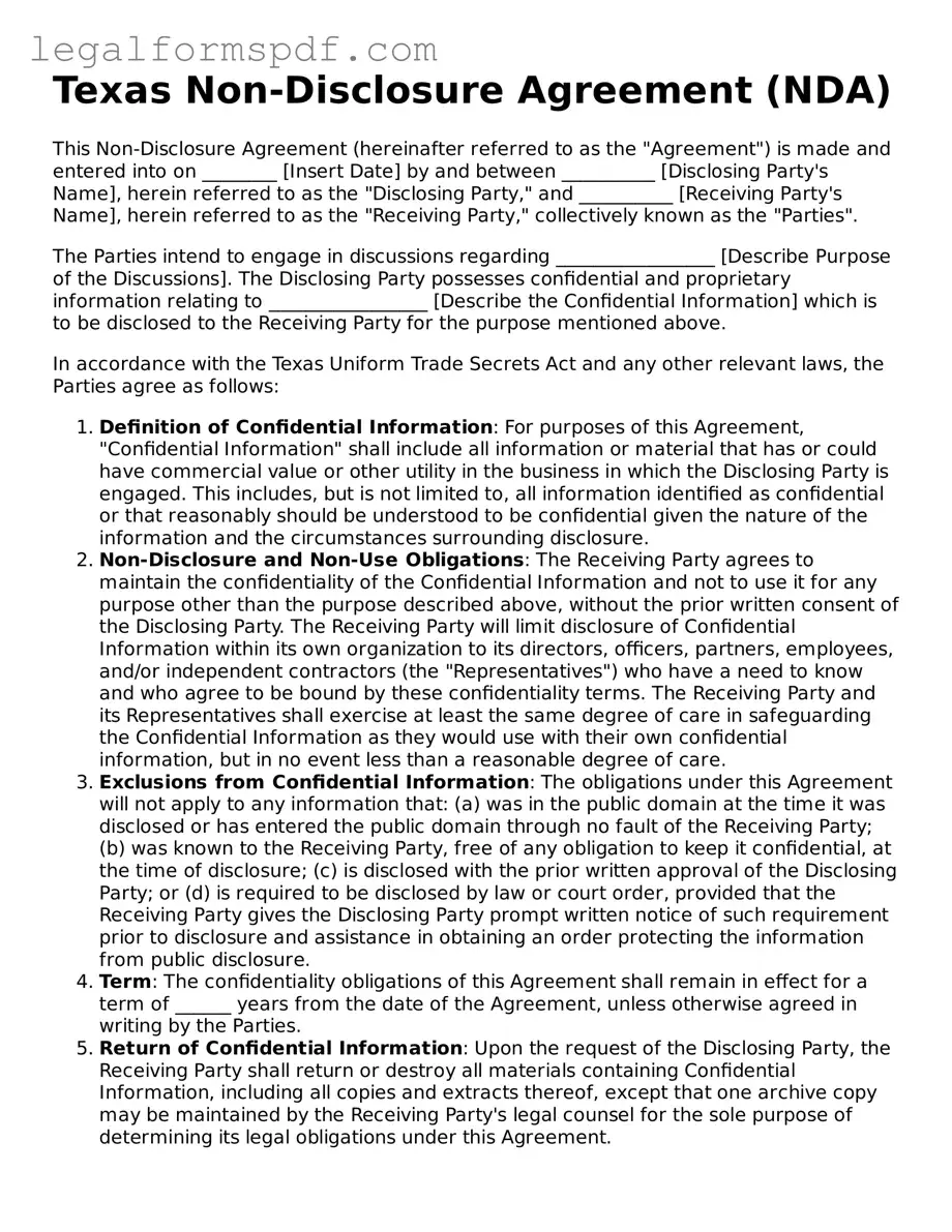 Fillable  Non-disclosure Agreement Document for Texas