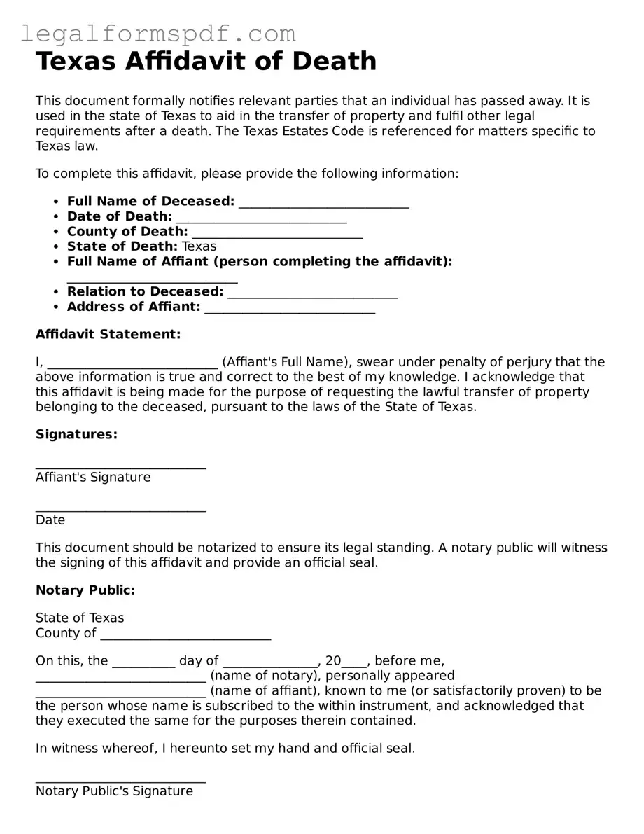 Fillable  Affidavit of Death Document for Texas
