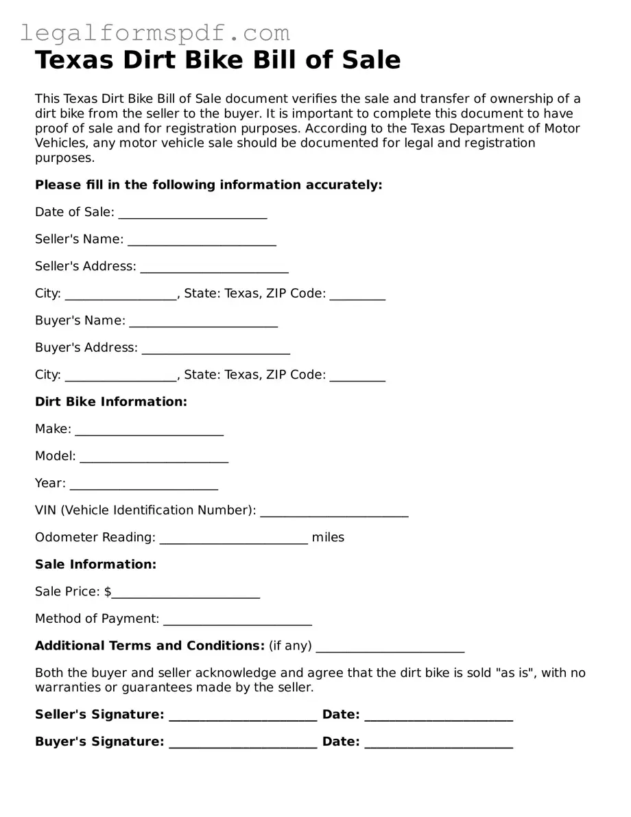 Fillable  Dirt Bike Bill of Sale Document for Texas