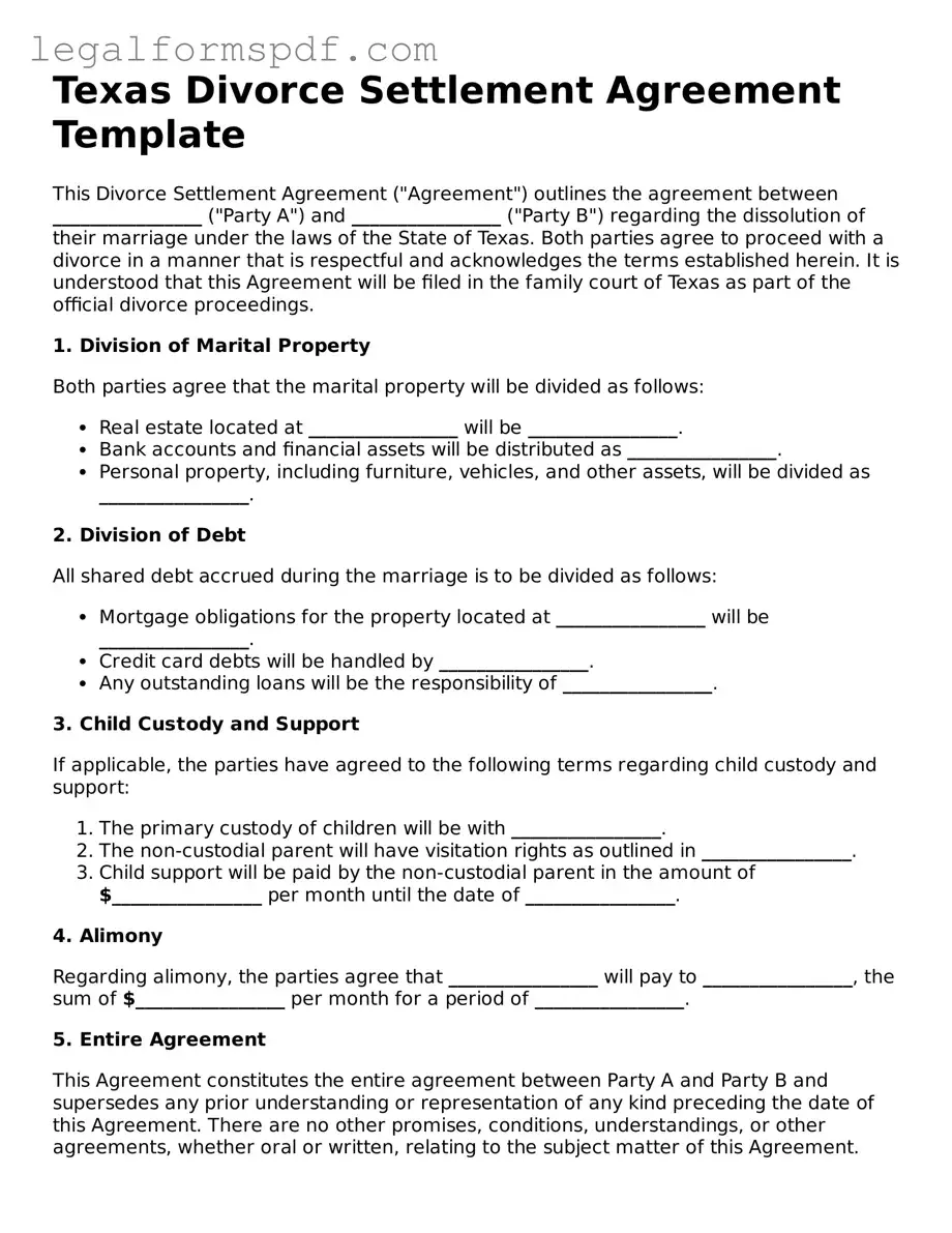 Fillable  Divorce Settlement Agreement Document for Texas