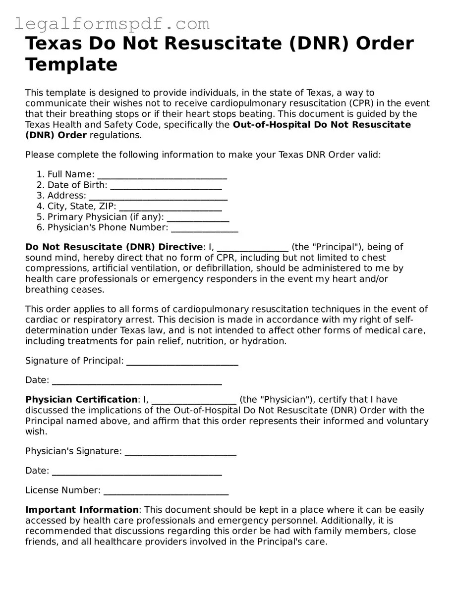 Fillable  Do Not Resuscitate Order Document for Texas