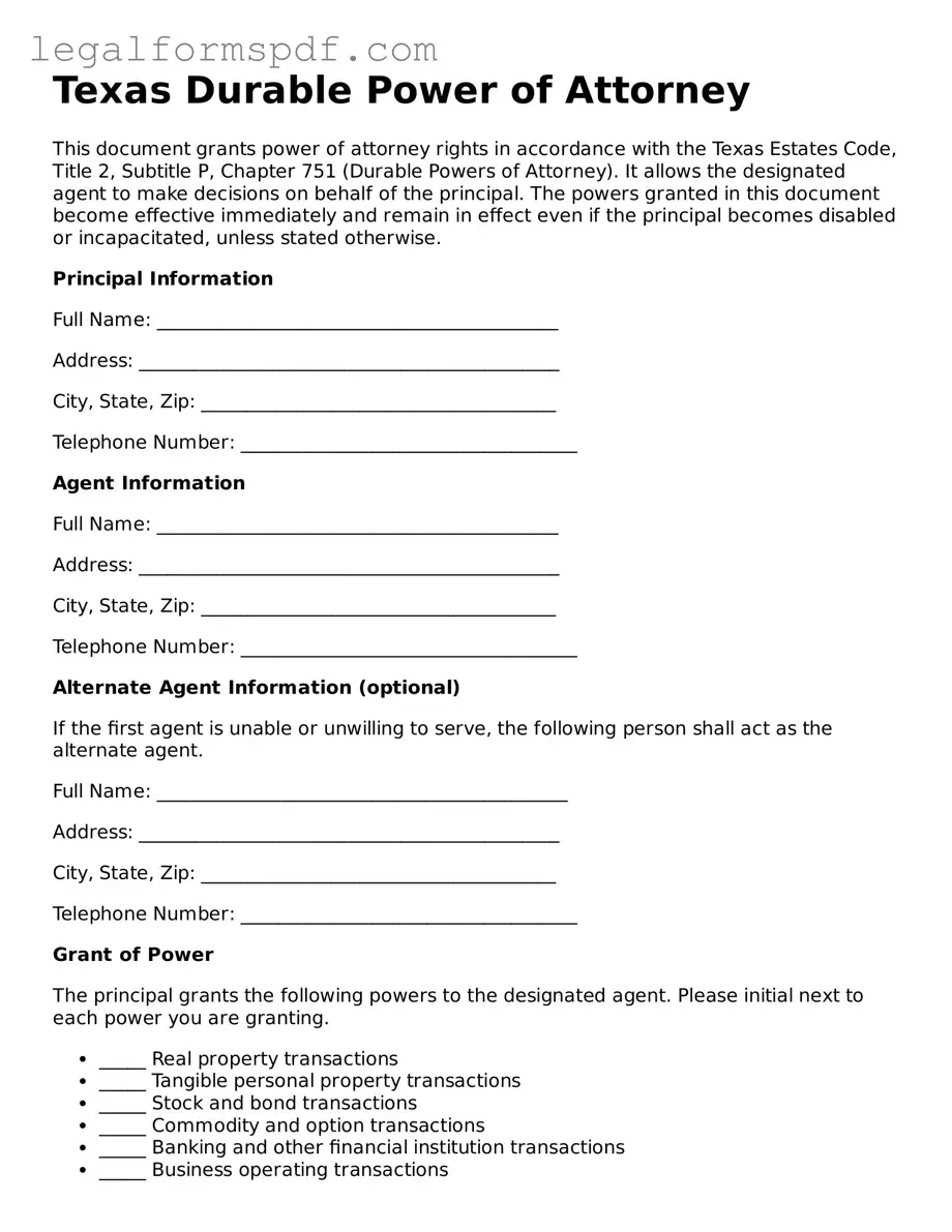 Fillable  Durable Power of Attorney Document for Texas