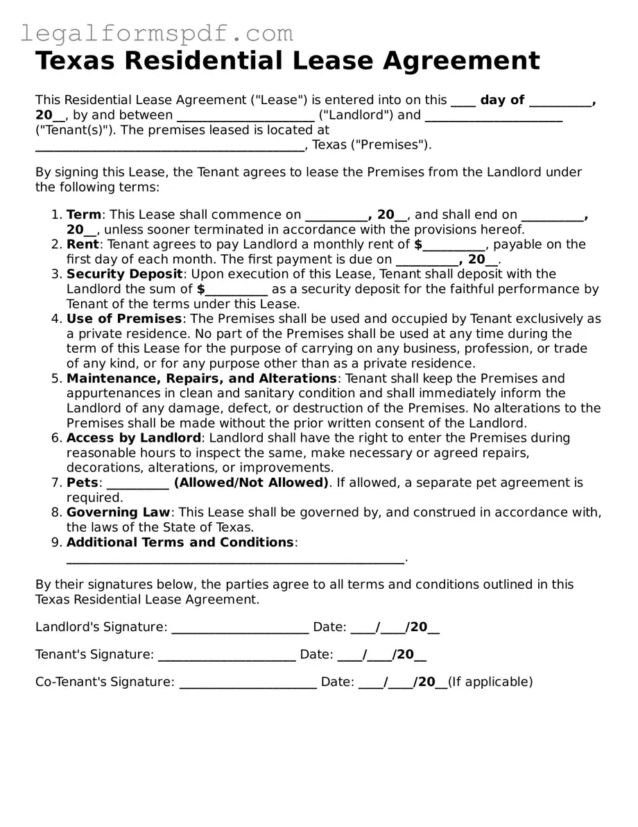 Fillable  Residential Lease Agreement Document for Texas