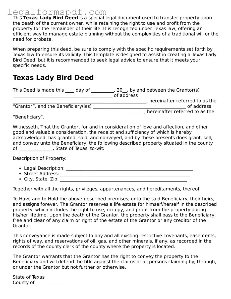Fillable  Lady Bird Deed Document for Texas