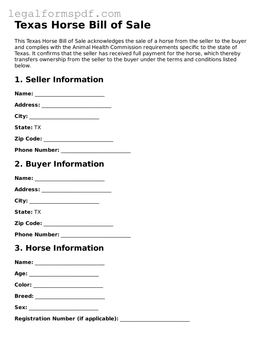 Fillable  Horse Bill of Sale Document for Texas