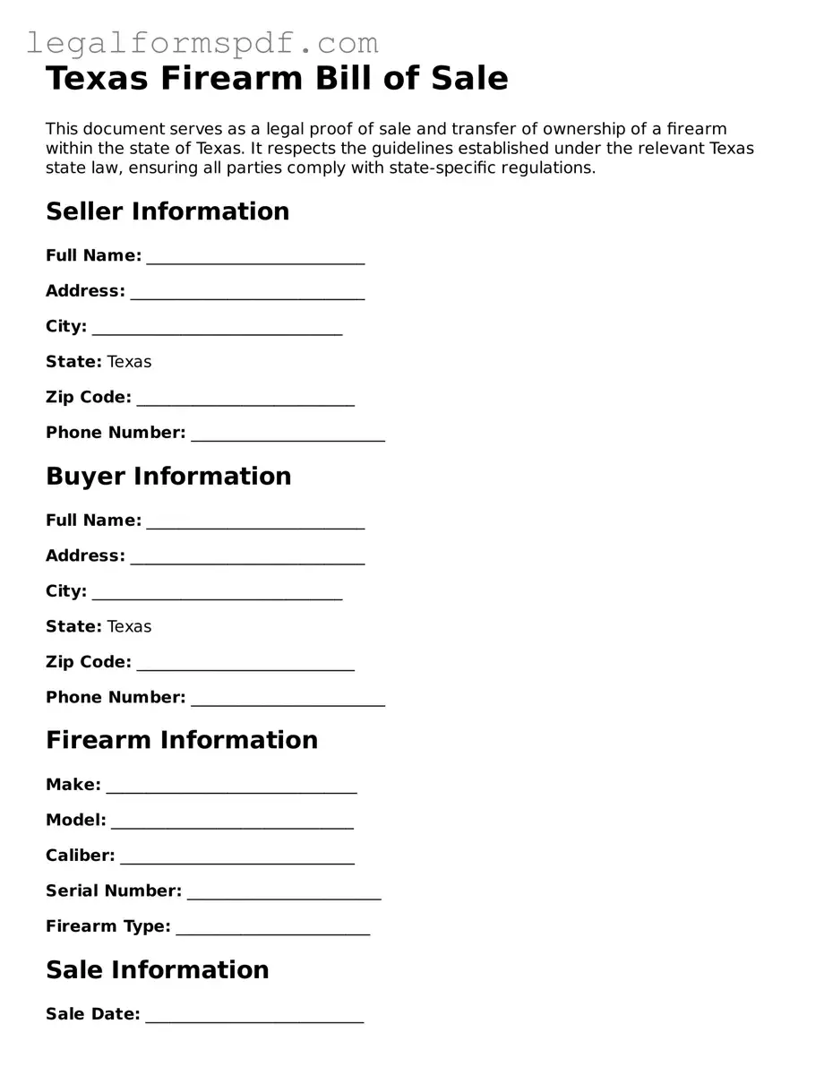 Fillable  Firearm Bill of Sale Document for Texas