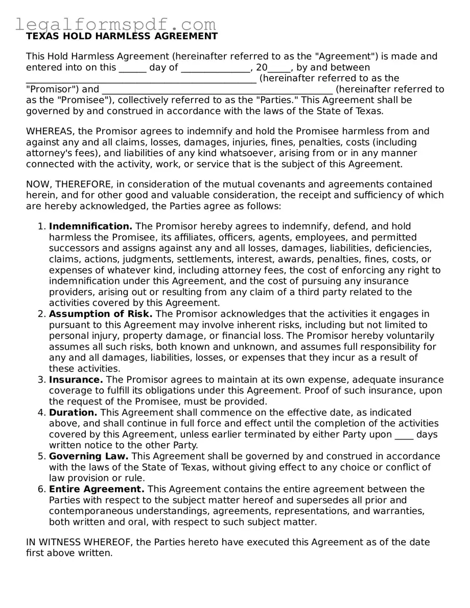 Fillable  Hold Harmless Agreement Document for Texas