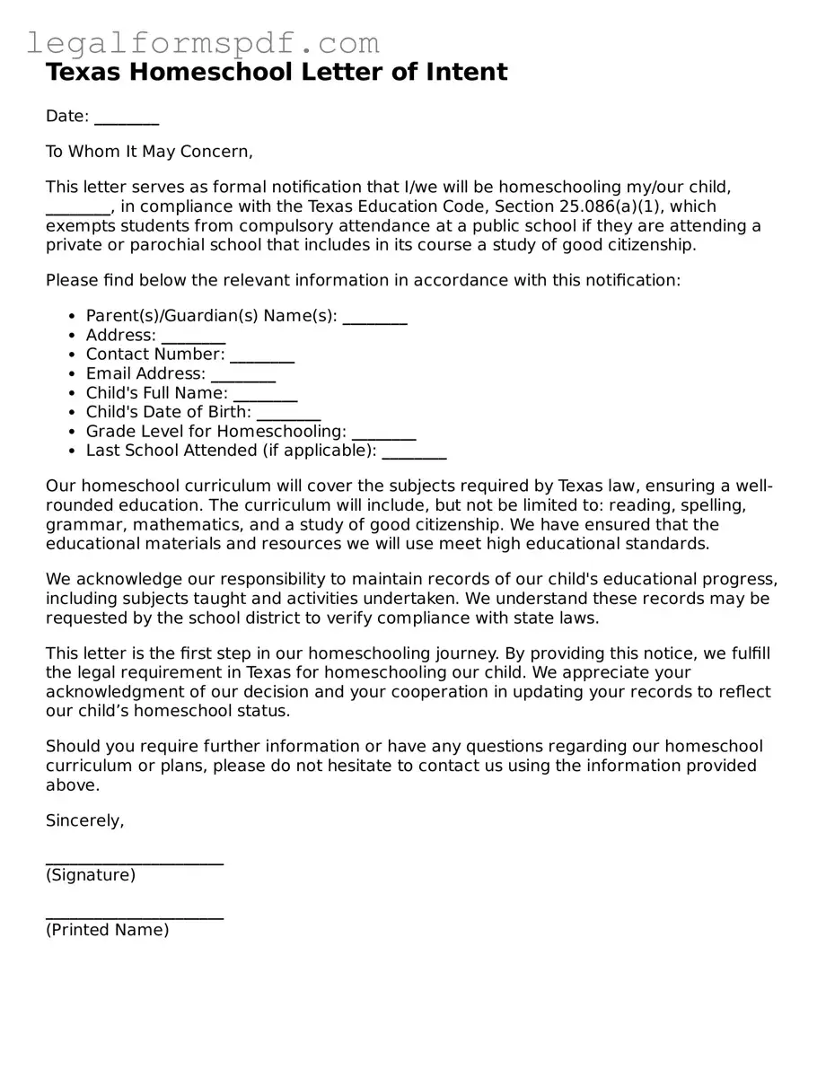 Fillable  Homeschool Letter of Intent Document for Texas