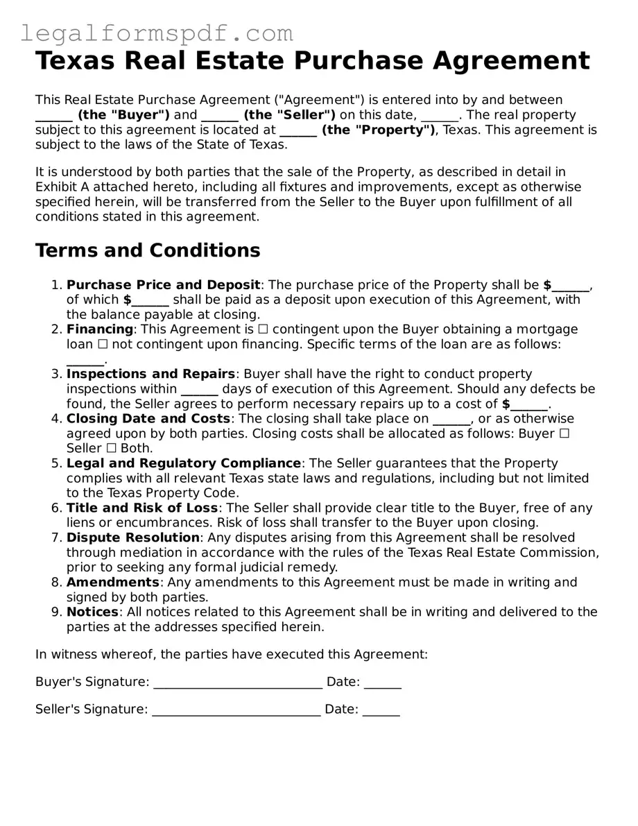 Fillable  Real Estate Purchase Agreement Document for Texas