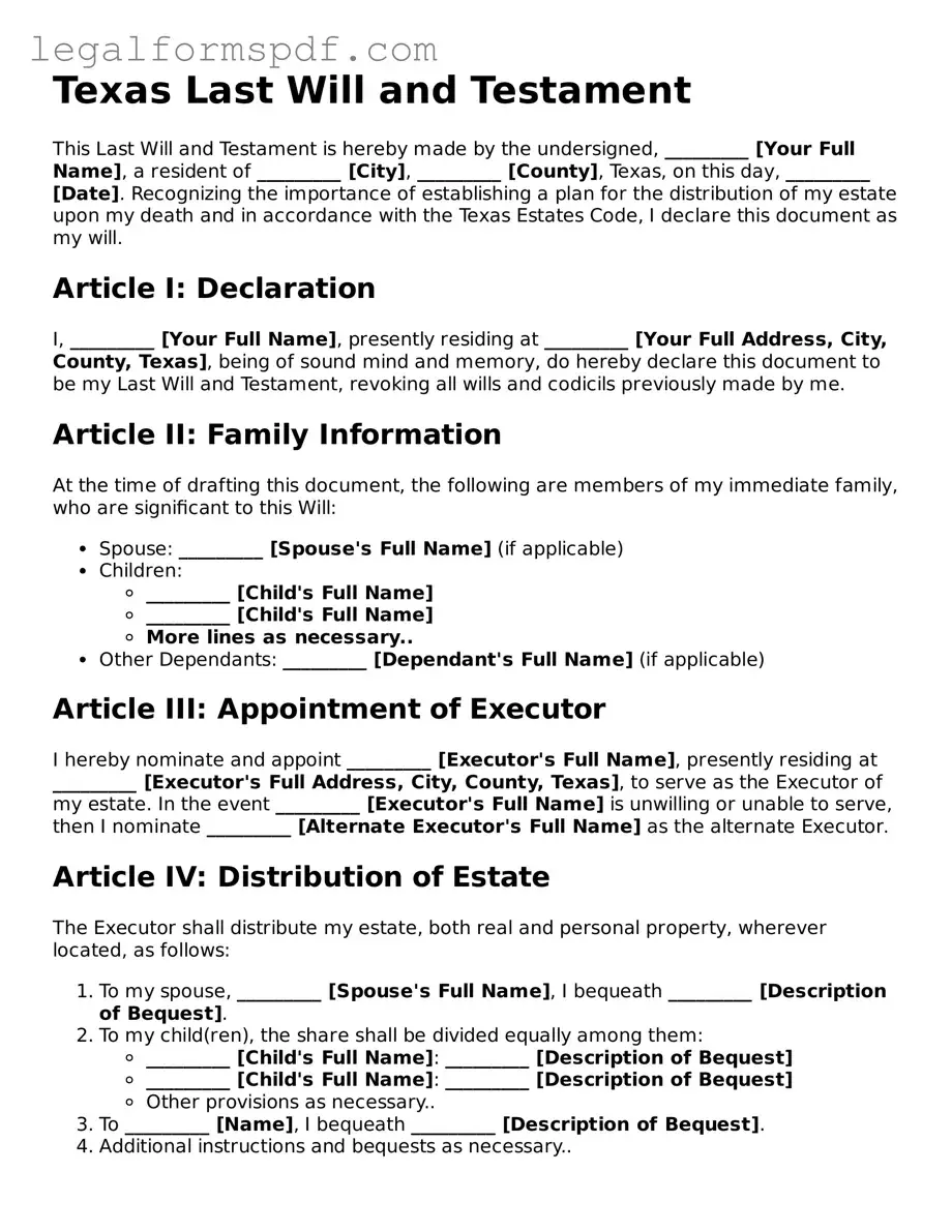 Fillable  Last Will and Testament Document for Texas