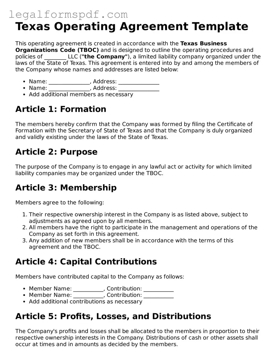Fillable  Operating Agreement Document for Texas