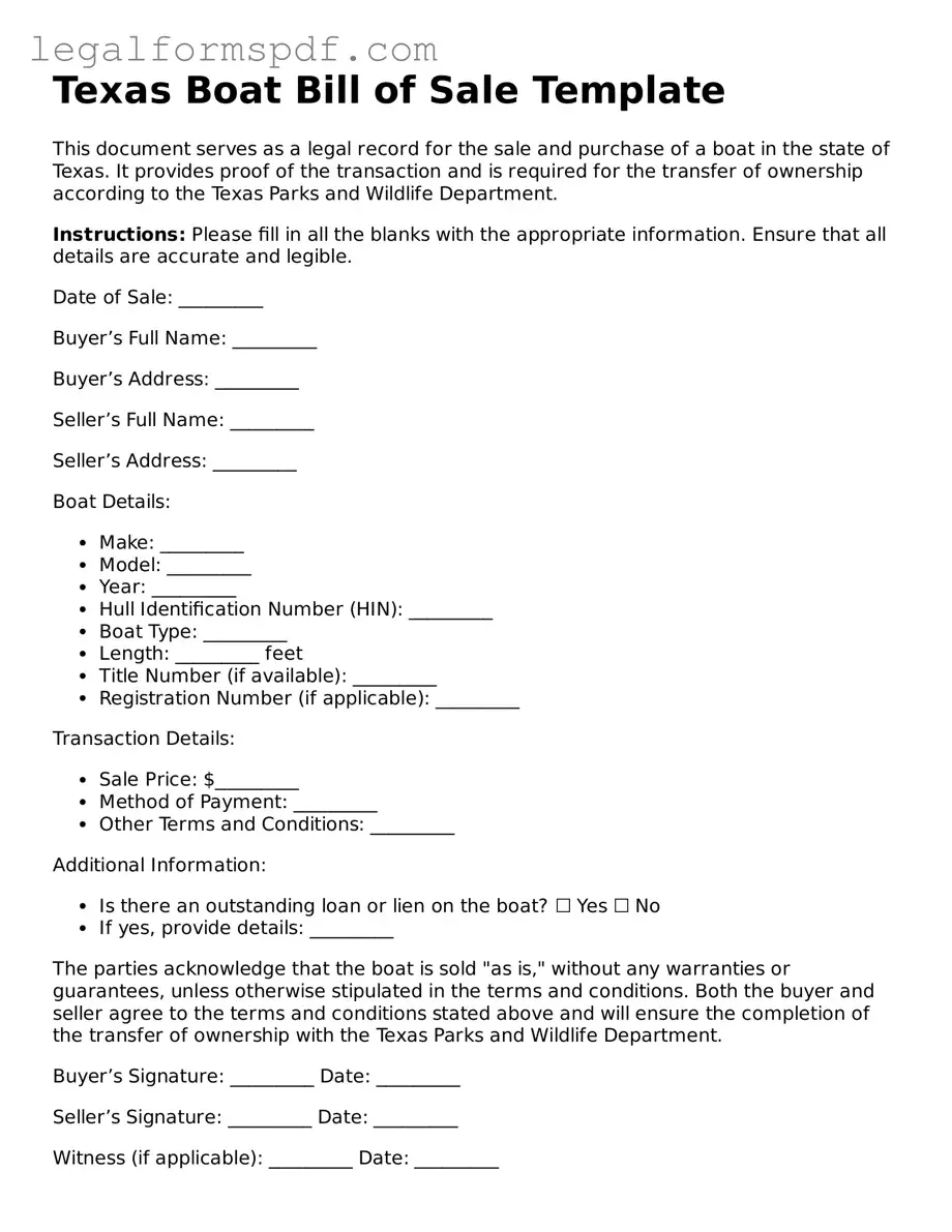 Fillable  Boat Bill of Sale Document for Texas