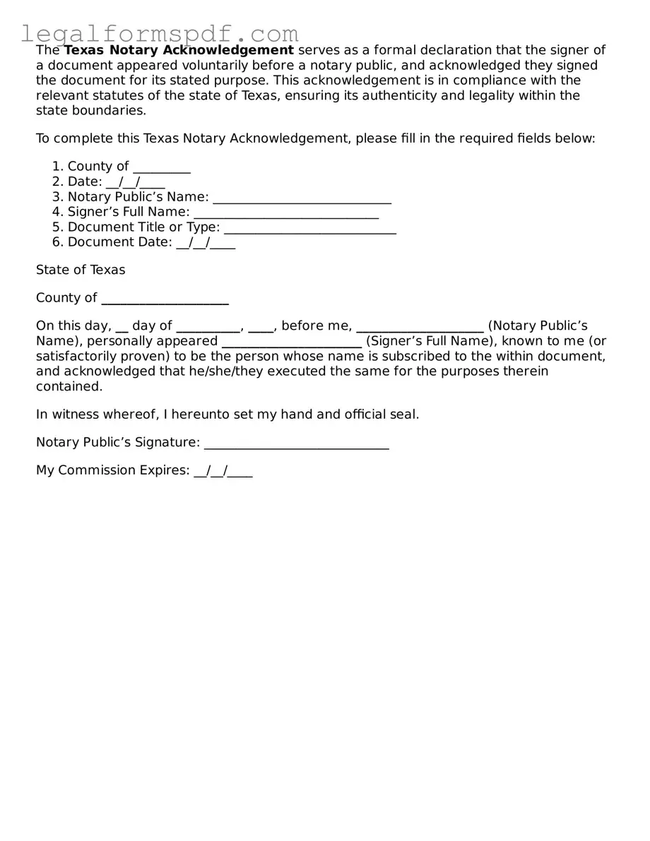 Fillable  Notary Acknowledgement Document for Texas
