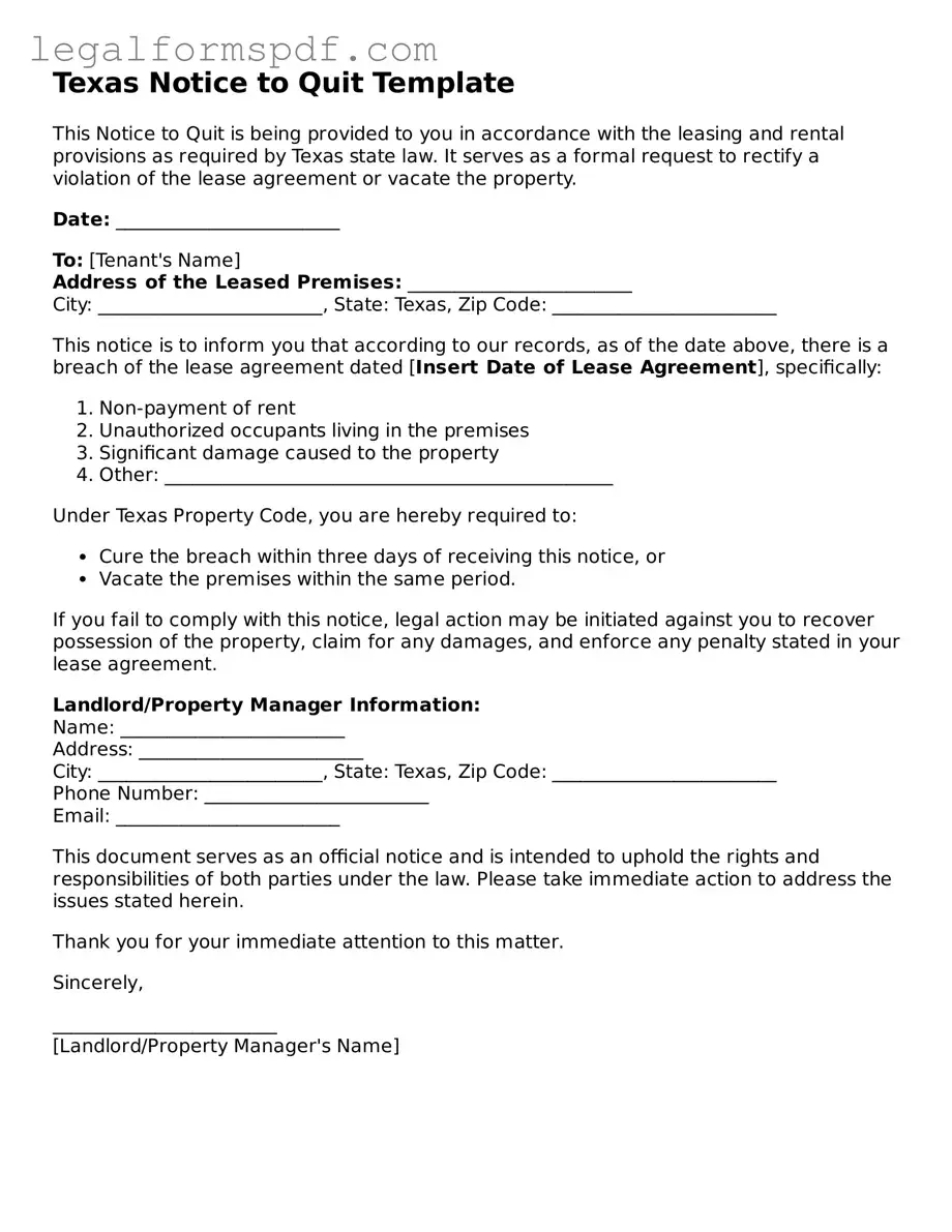 Fillable  Notice to Quit Document for Texas