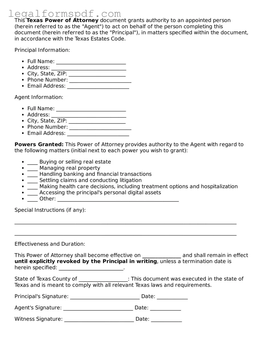 Fillable  Power of Attorney Document for Texas
