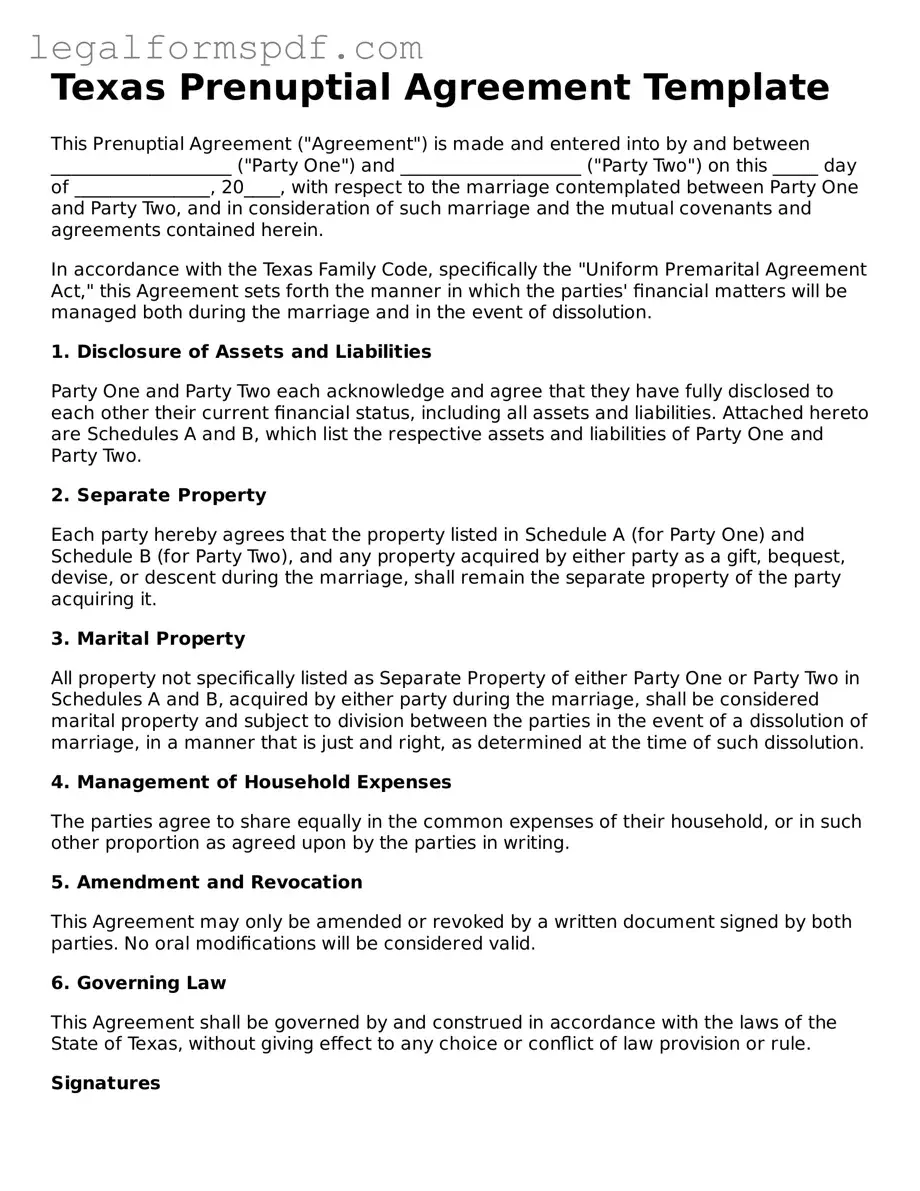 Fillable  Prenuptial Agreement Document for Texas