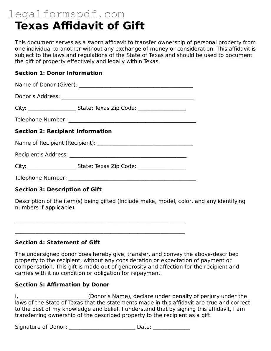 Fillable  Affidavit of Gift Document for Texas