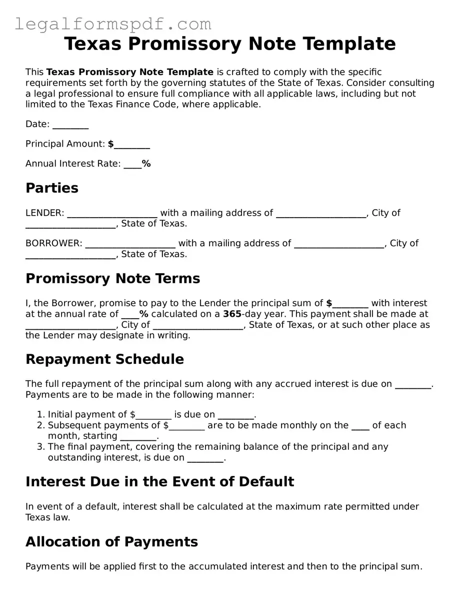 Fillable  Promissory Note Document for Texas